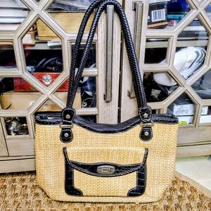 Strada Woven Straw & Faux Leather Shoulder Bag – Tan & Black Structured Tote Pur
